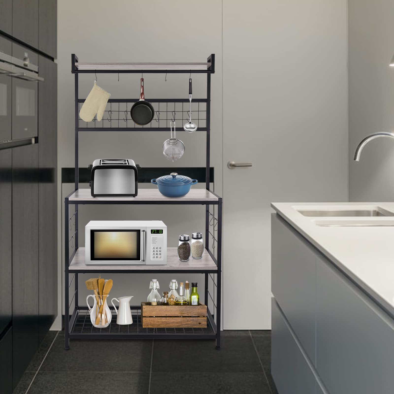 HOMEKOKO Kitchen Bakers Bakers Rack with 16 Hooks for Microwave Oven Cooking Utensils, Industrial