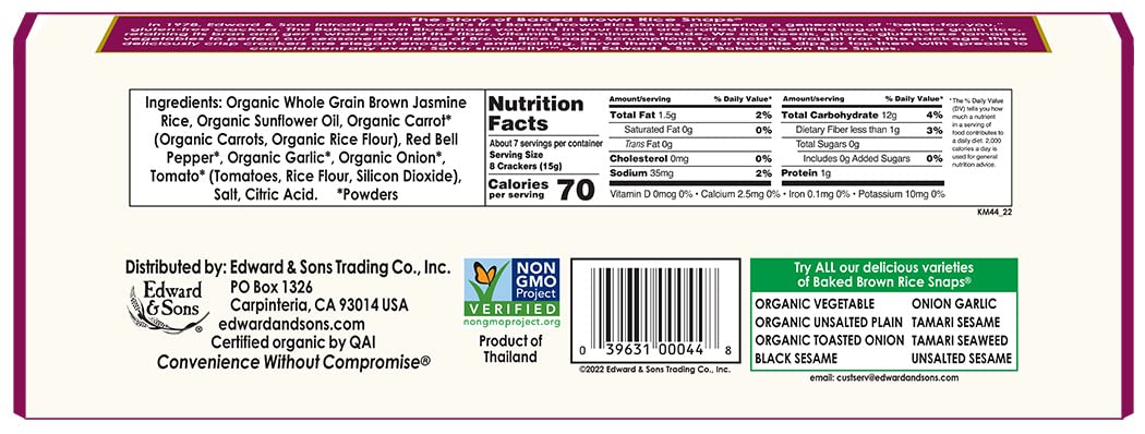 Edward & Sons Organic Vegetable Brown Rice Snaps - Oven Baked, Whole Grain, Gluten Free, No Added Oils, Low Fat, Sodium Free, Non-GMO Project Verified, USDA Organic - 3.5 Oz (Pack of 12)