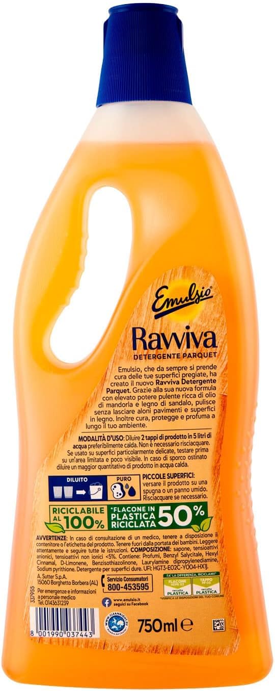 Emulsio Ravviva Detergente Parquet - Limpiador de suelos con aceite de almendras y madera de sándalo, limpia suelos y superficies de madera, sin rayas, 750 ml + llavero Beni Culinari gratuito