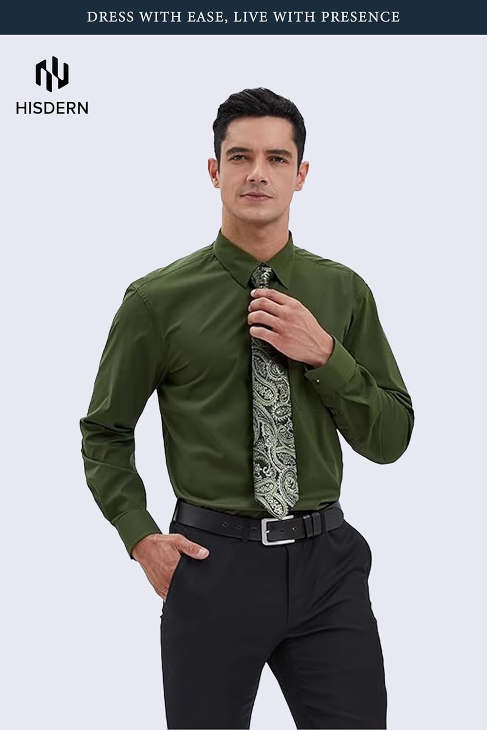 HISDERN Mens Dress Shirt with Tie Pocket Square Set Classic Button Down Shirt Matching Tie Long Sleeve Shirts