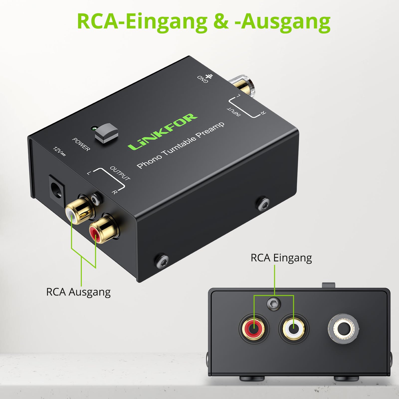 LiNKFOR Vorverstärker für Phono Plattenspieler PP900 Ultrakompakter Phono-Vorverstärker mit Cinch Eingang, Cinch Ausgang und geräuscharmem Betrieb, inklusive Netzteil