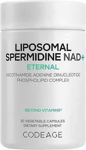 Codeage Suplemento de espermidina liposomal NAD+ de espermidina - 500 mg de NAD+ vitamina C - Entrega liposomal - Píldoras de nicotinamida adenina