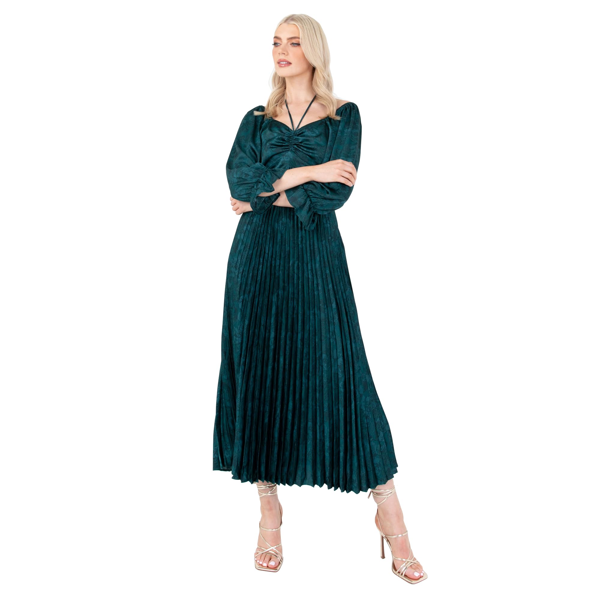 Lovedrobe Women's Midaxi Dress Ladies Emerald Green Pleated Empire A-Line High Waist Tie Neck Wedding Guest Cocktail Evening Prom Dress,