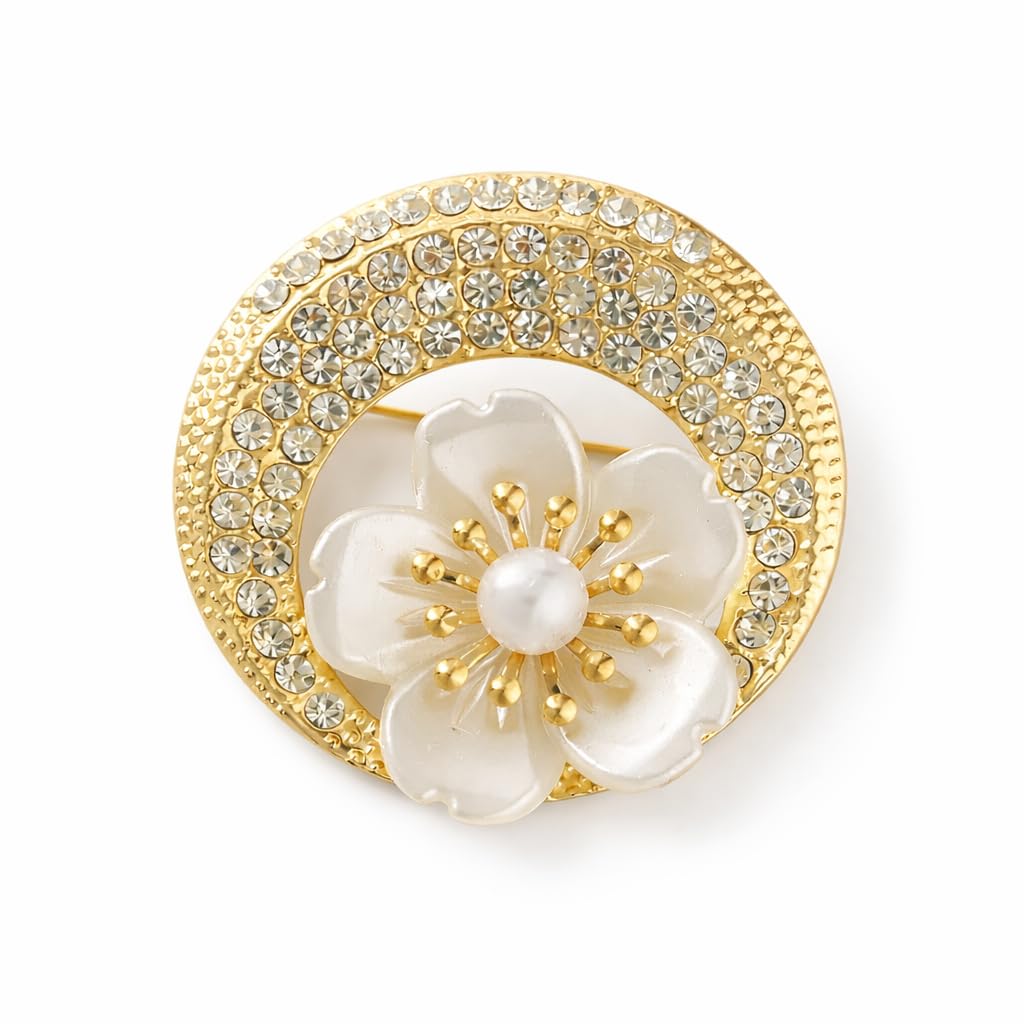 Gold Tone Flower Brooch Pin with Pearl Center, Rhinestone Embellished, White Enamel Petals