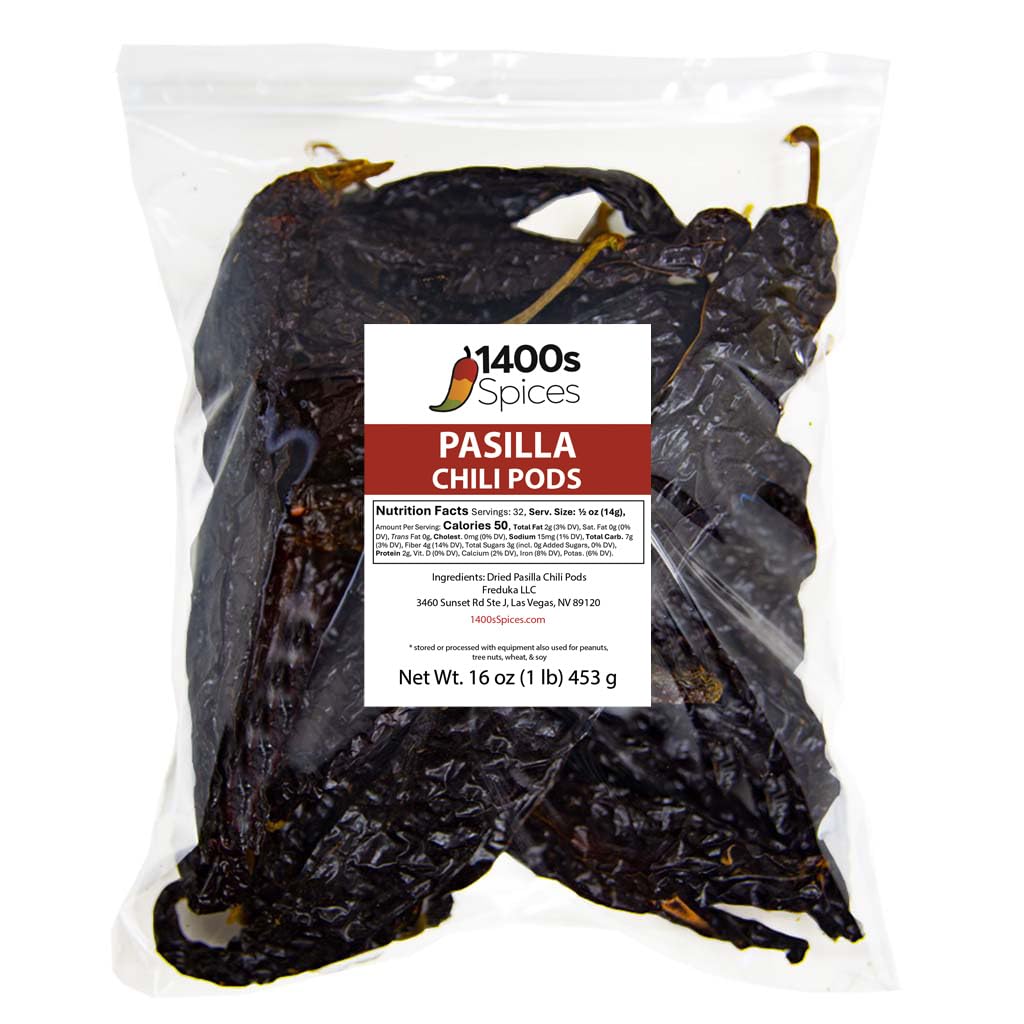 1lb Pasilla Negro Chilaca Dried Whole Chile Seco Peppers Food Service Size, Chili Pods for Authentic Mexican Food, Heat-Sealed Resealable Bag by 1400s Spices