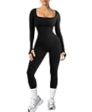Jumpsuits for Women Long Sleeve Built-In Bra Square Neck Full Length Leggings Bodycon Stretch Workout Outfits