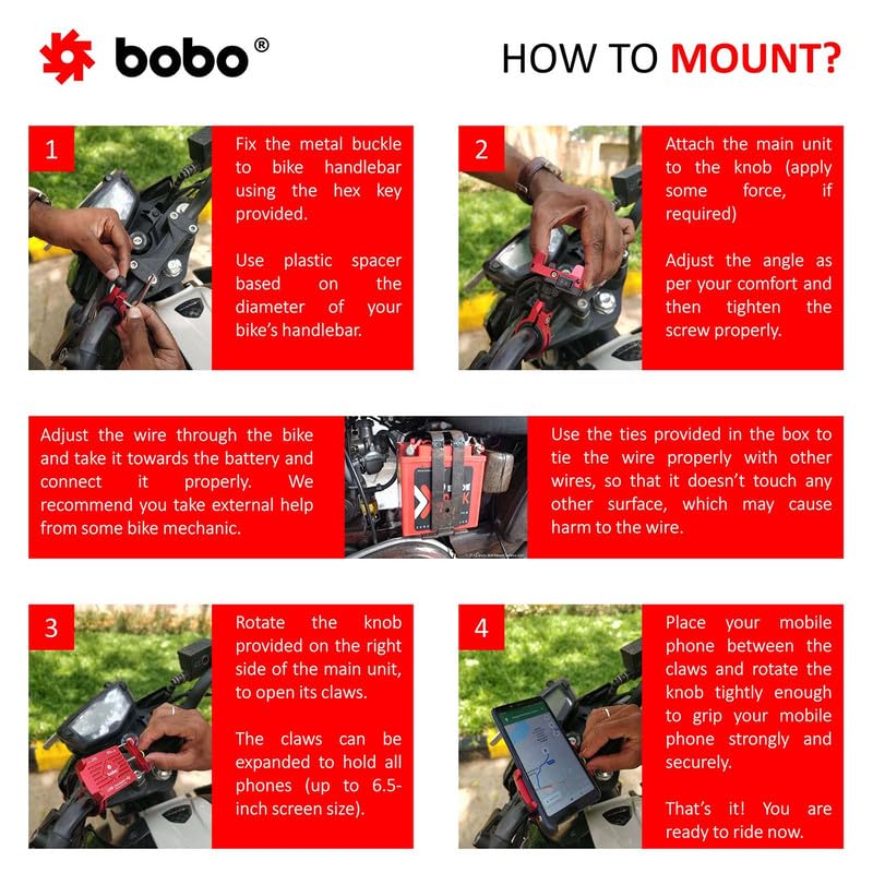 Image of BOBO BM2 Aluminium Waterproof Bike /Motorcycle /Scooter Mobile Phone Holder Mount with 2.5A USB Charger, Ideal for Maps and GPS Navigation (Red)