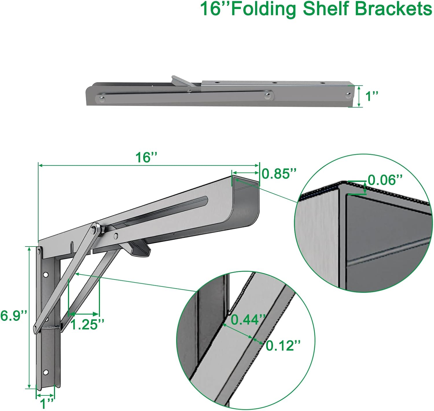 MySit 16" Folding Shelf Brackets 4 PCS, Max Load 550lb Heavy Duty Stainless Steel DIY Collapsible Wall Mounted L Shelf Bracket Space Saving for Table Work Bench