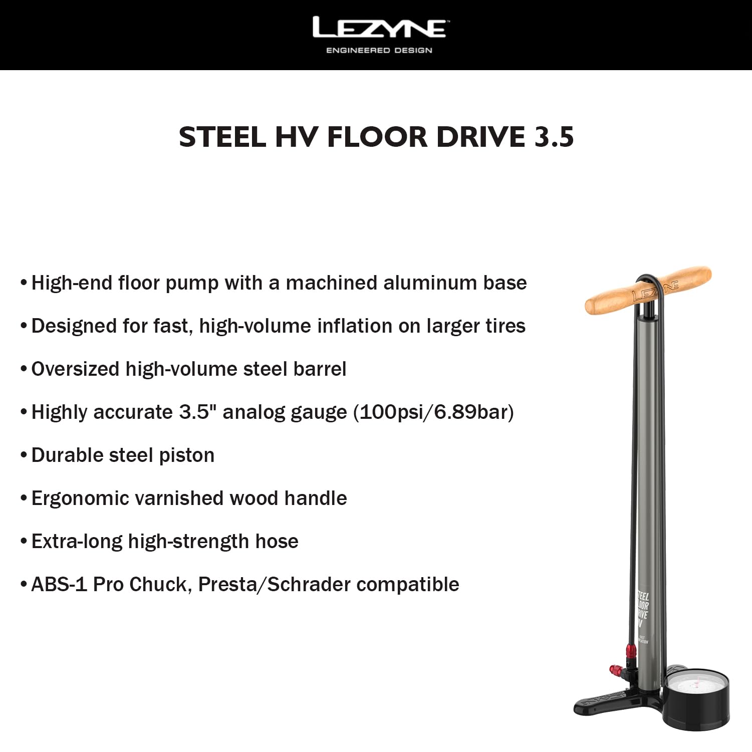 LEZYNE Bomba de suelo de acero HV 3.5 de alto volumen para bicicleta con indicador analógico preciso de 3.5 pulgadas, bomba de aire duradera de 100 PSI para bicicletas de montaña/grava, portabrocas