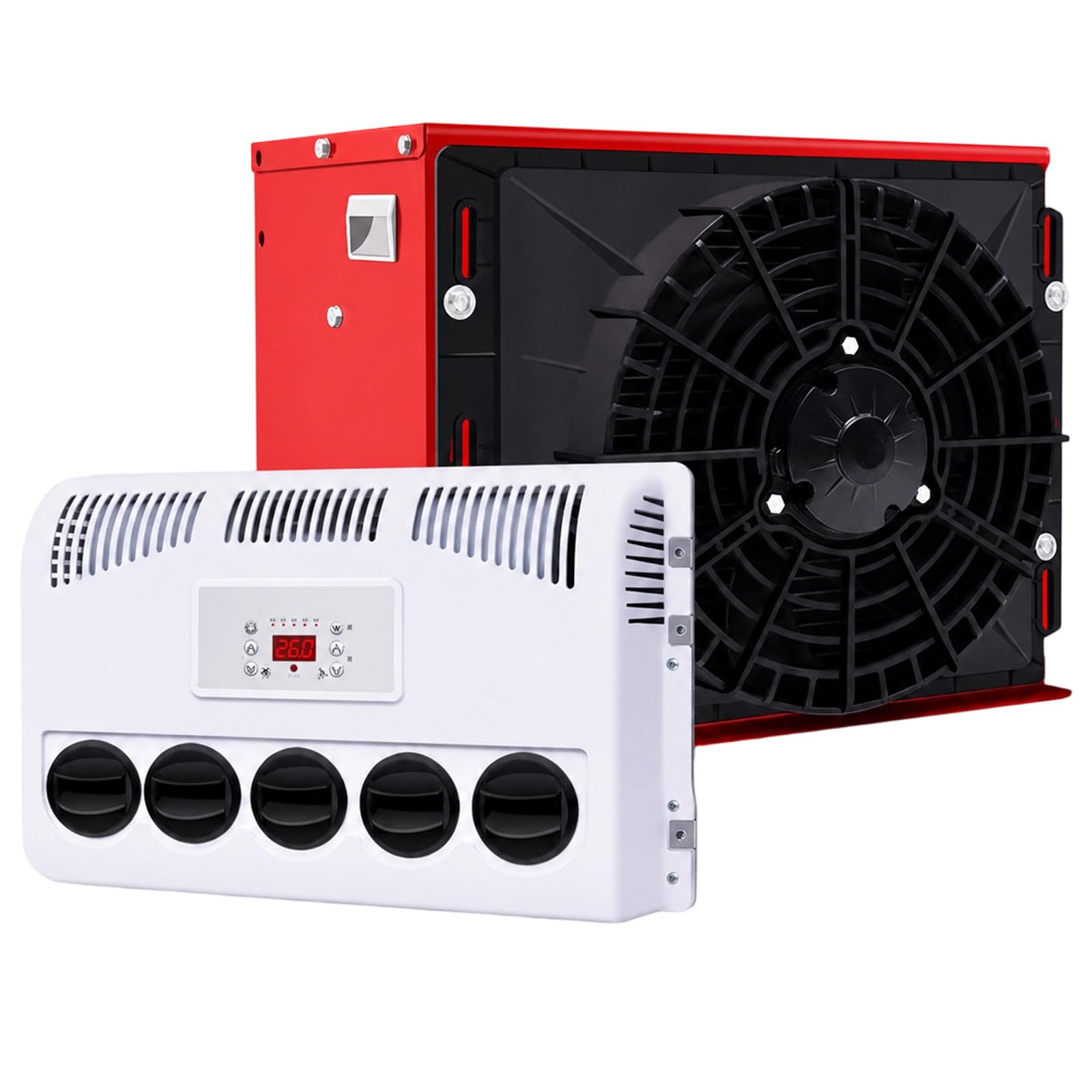 12v/24v Universal Elektrische Rv Truck, Dachklimaanlage Wohnwagen, Camper Van Klimaanlage, AußEngeräT Im StahlgehäUse, InnengeräT, Fernbedienung Red-24V