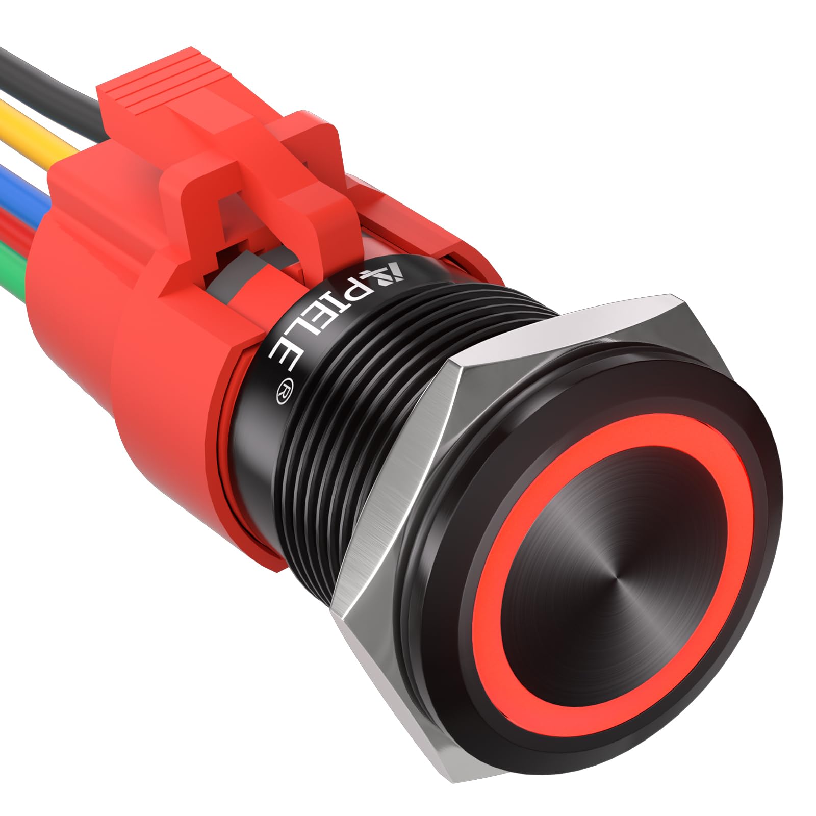 APIELE 19mm Latching Push Button Switch 12V DC Angel Eye Halo Ring LED Metal 0.74" 1NO1NC SPDT with Wire Socket Plug (Red LED/Black Shell)