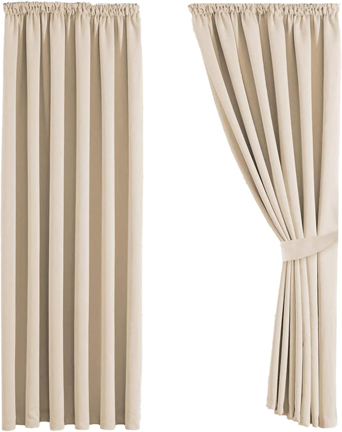 Aspire Homeware Blackout Curtains for Living Room Pencil Pleat Cream Bedroom Curtains 66x72 inch Drop - Super Soft Thermal Insulated Kitchen Curtain with Matching Tiebacks, 2 Panels