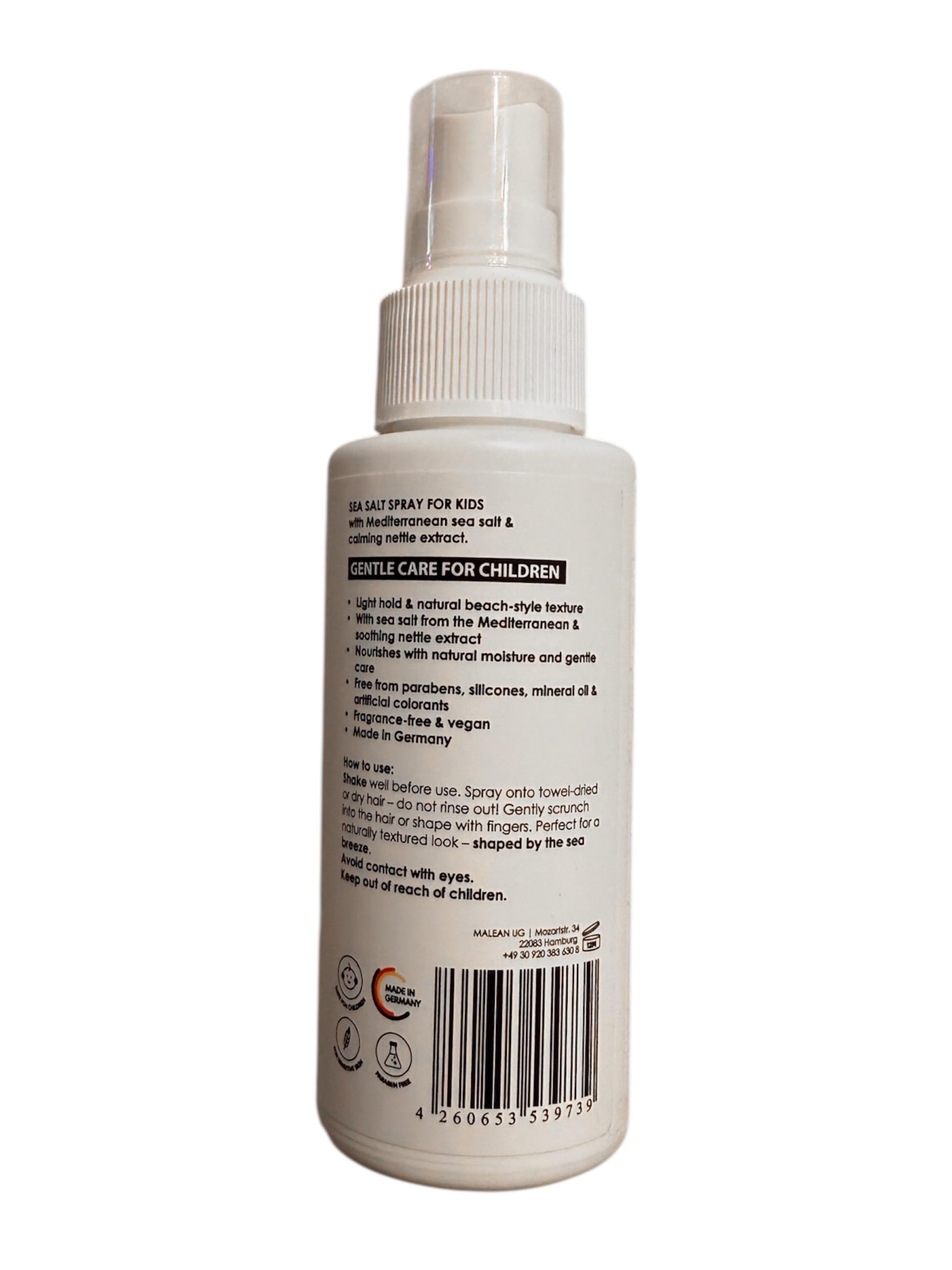 Sea Salt Spray dla dzieci – spray do stylizacji naturalnych fal plażowych – z solą morską i gliceryną – bez perfum, wegański, bez silikonów – lakier do włosów dla wrażliwych włosów dzieci – 100