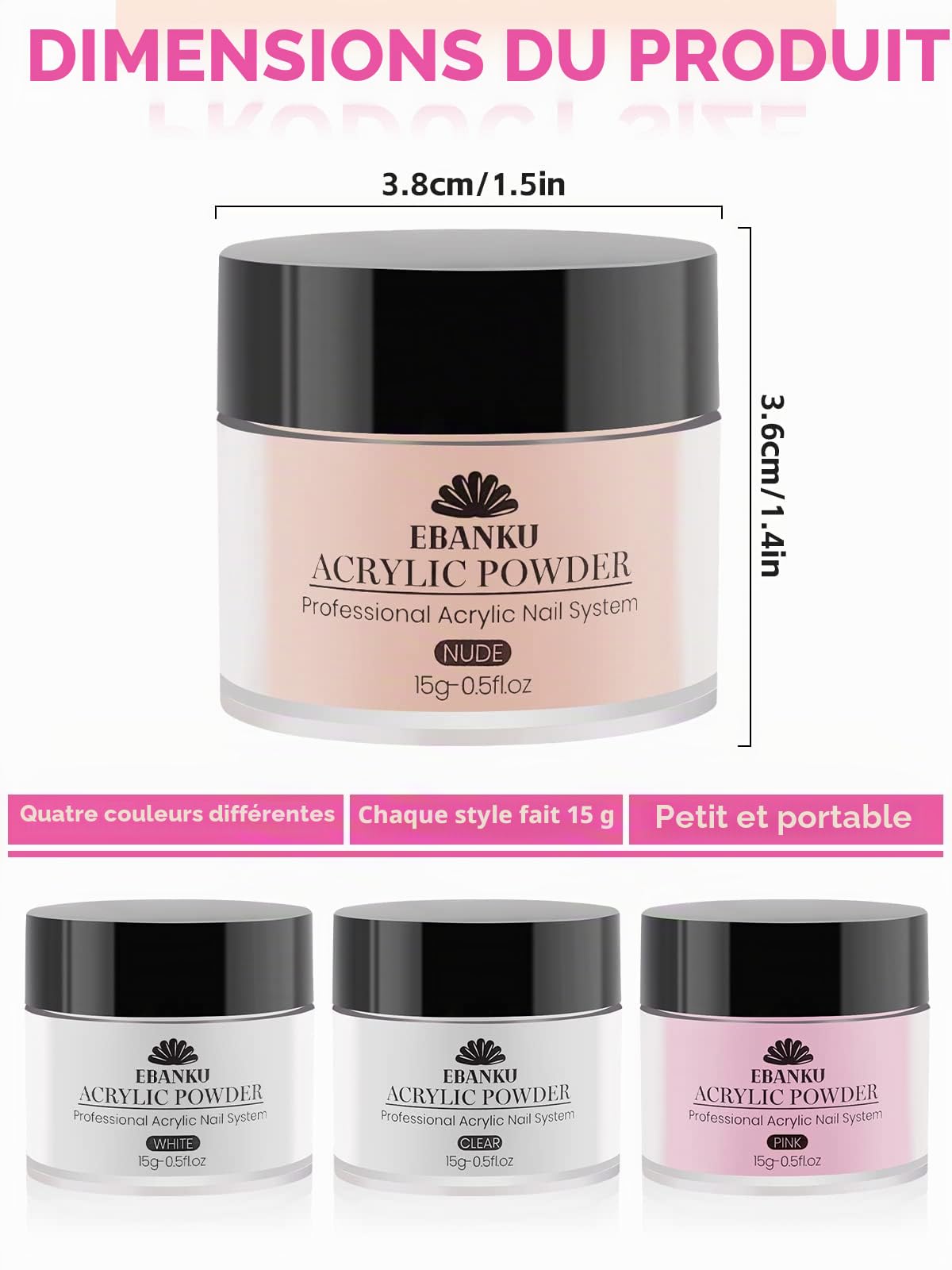 EBANKU Ensemble de Poudre Acrylique Professionnelle - 4 Couleurs pour Extension et Sculpture des Ongles - Longue Durée