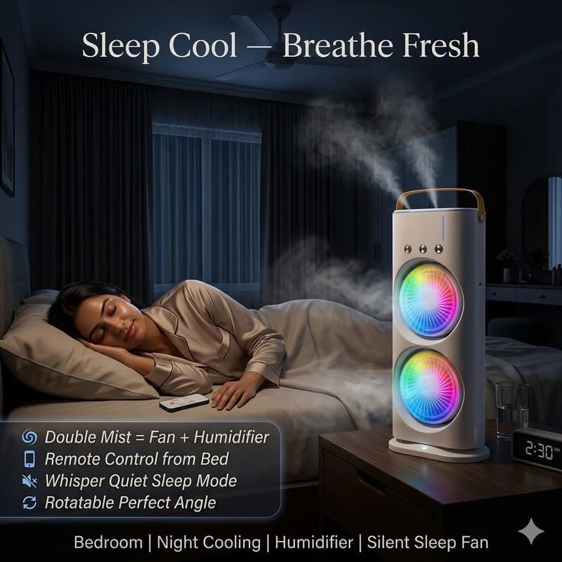 Image of Drumston (10 Years Assured Warranty) Double Ended USB Spray Cooling Fan Portable Air Cooler with Remote Control Mist Humidifier for Bedroom Office Kitchen Home Travel Use