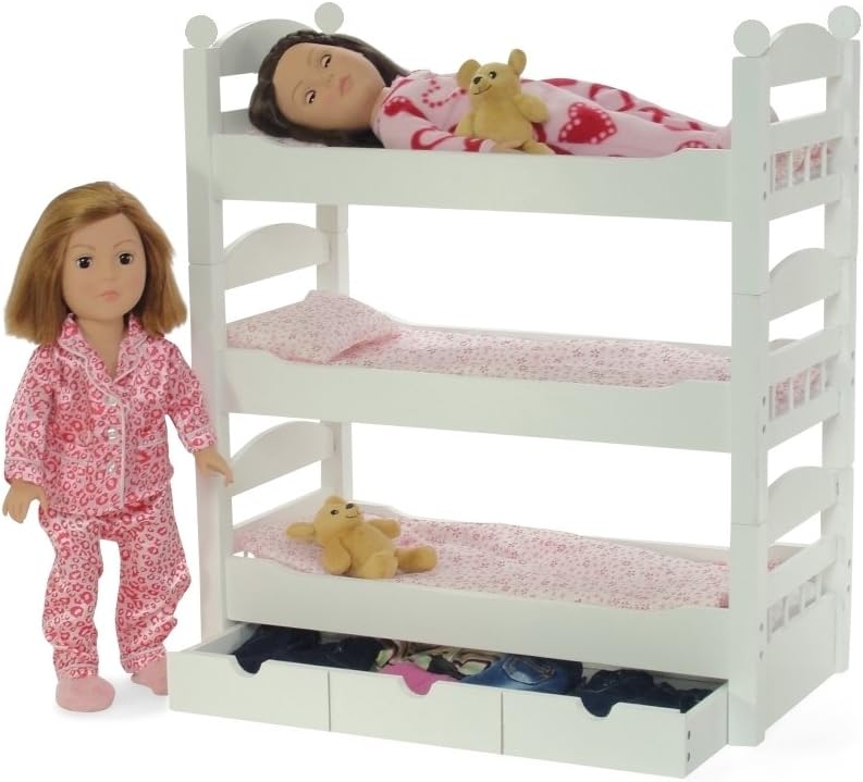 Emily Rose Doll Furniture and Accessories - 18 inch Doll Triple Bunkbed Double Bunk | 3 Single Stackable 18-inch Doll Beds, with Bedding and Clothes Storage Drawer | Fits 14-19" Dolls