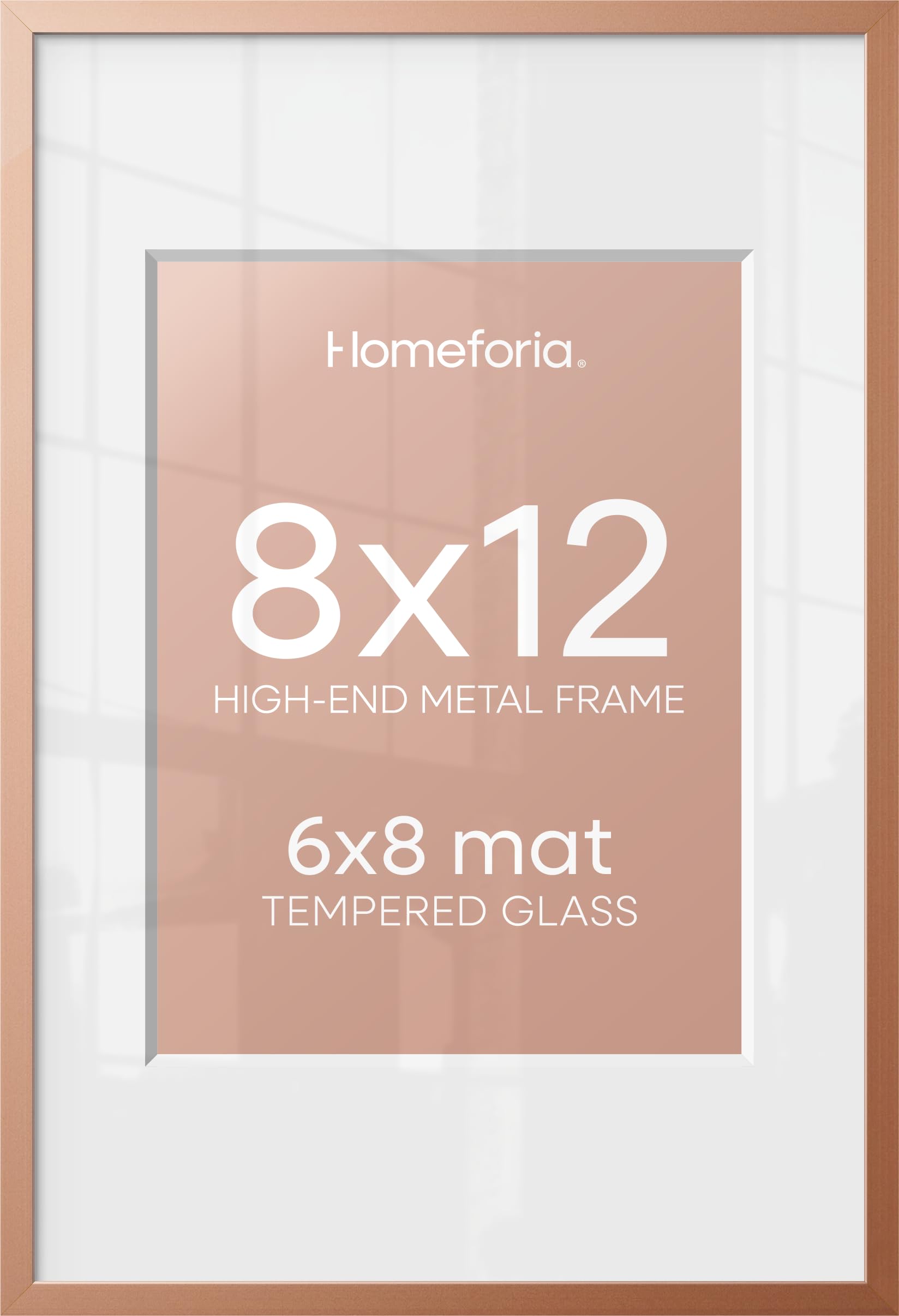 Homeforia 8x12 Rose Picture Frame, High-End Metal, 6x8 Mat, Glass | High End Aluminum, Tempered Glass, Acid-Free 6x8 Removable Mat, 8x12 in Edge-to-Edge Display 12x8, Wall Kit, Set Of 1