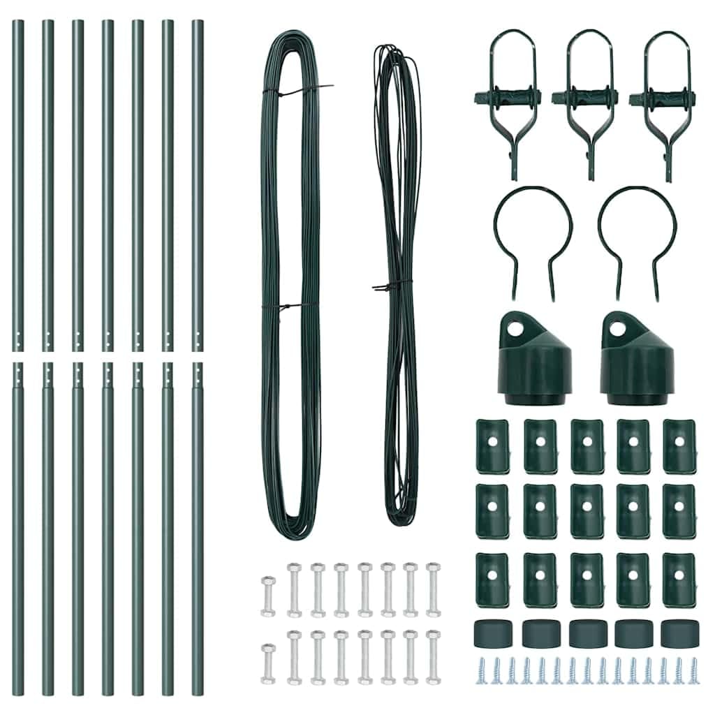 Juego de 7 postes de valla verde de acero con recubrimiento en polvo, postes de esquina de 200 cm, incluye alambre tensor y accesorios, postes metálicos para valla de malla de alambre, jardín