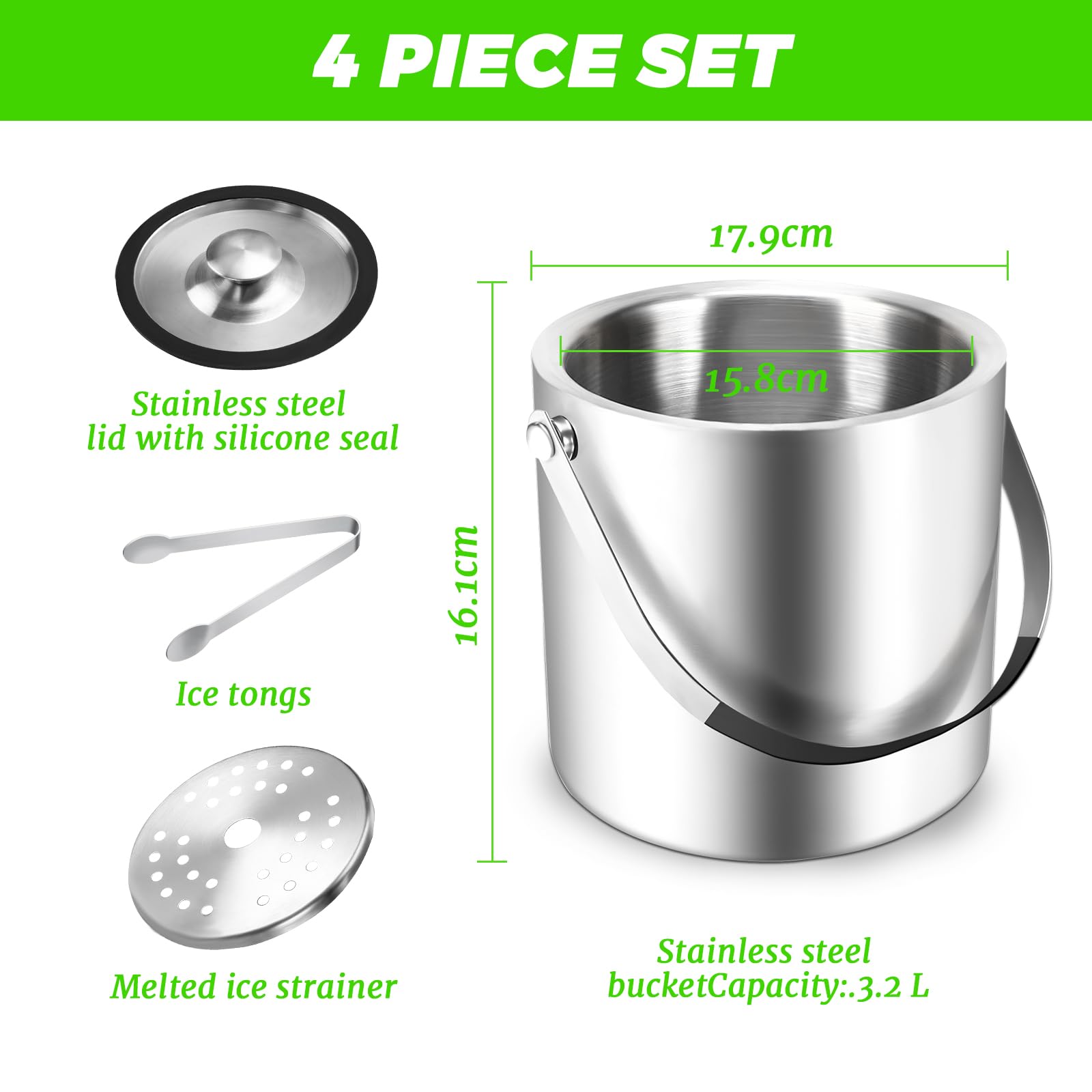 Sprifityy Cubiteras Acero Inoxidable,con Tapas de Silicona,Clips y filtros para, Ideal para Bar de Cócteles, Fiestas,Champán (3.2L)