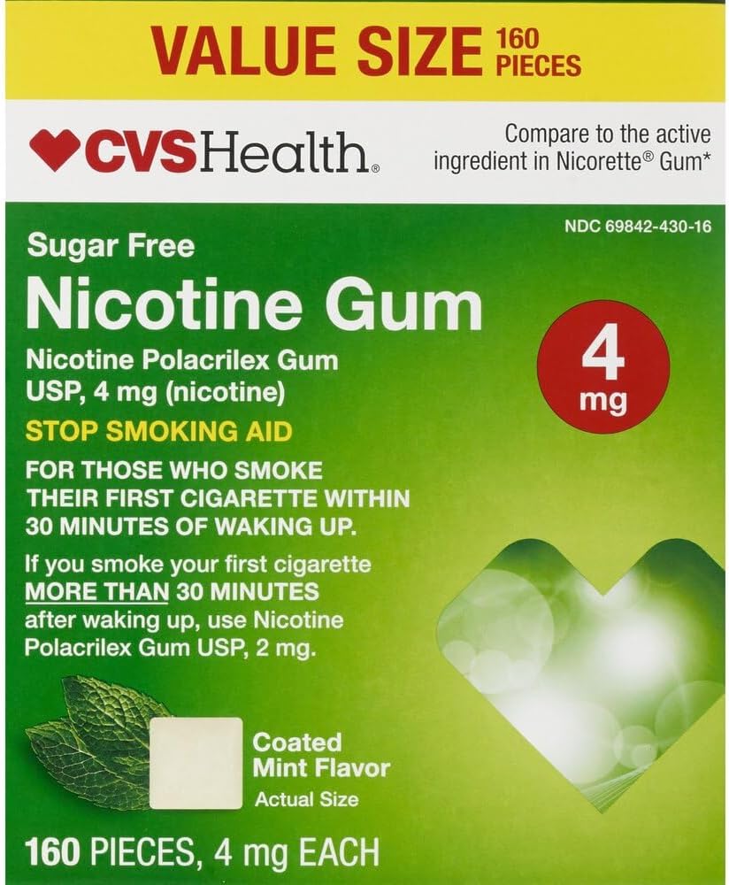 CVS Health Sugar Free Nicotine Gum, Mint, 4mg, 160 ct