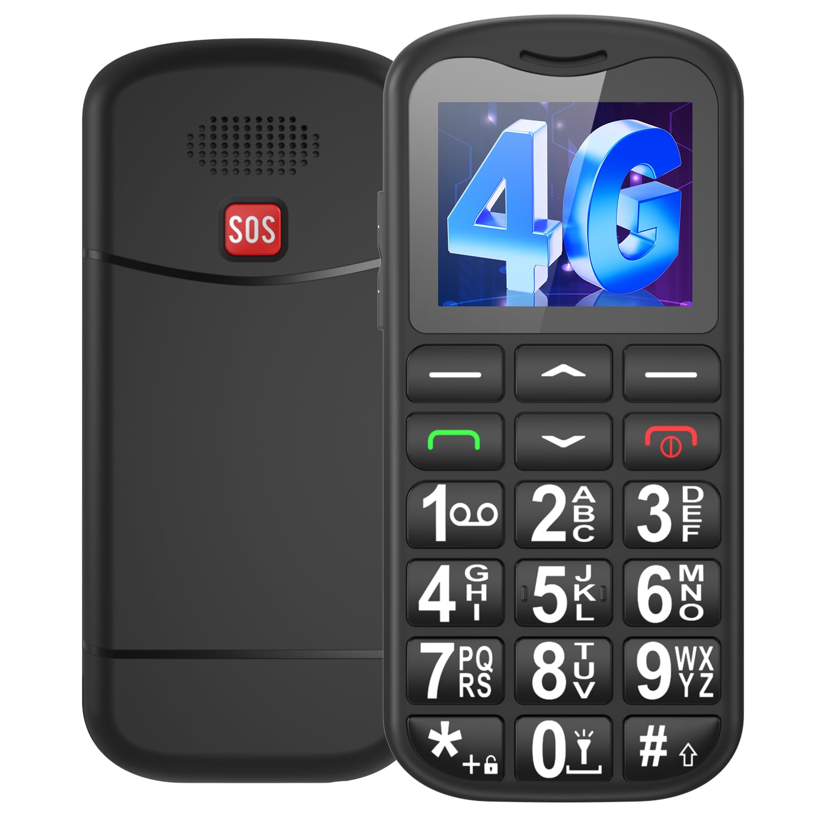 4G Seniorenhandy mit Großen Tasten | Mobiltelefon Ohne Vertrag mit Nano-SIM-Schlitz | 1.7 Zoll LCD | SOS-Funktion | Kurzwahl | Tastenhandy mit Taschenlampe | Ladestation | Schwarz
