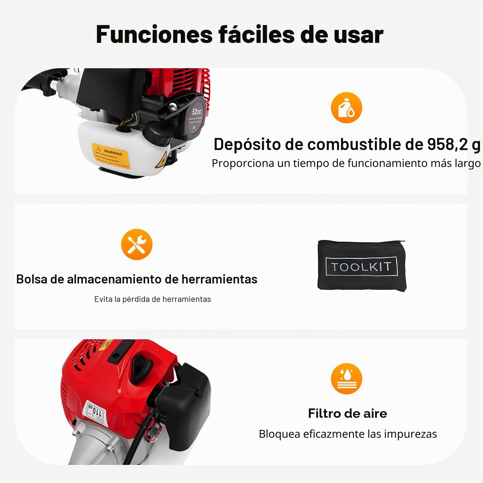 Barredora de gasolina de 52 CC, 2 tiempos, 1,7 kW, 2,3 CV, motor de gasolina Broom, dispositivo de mano/lateral colgante, barrido, limpieza para avenidas, césped (A)