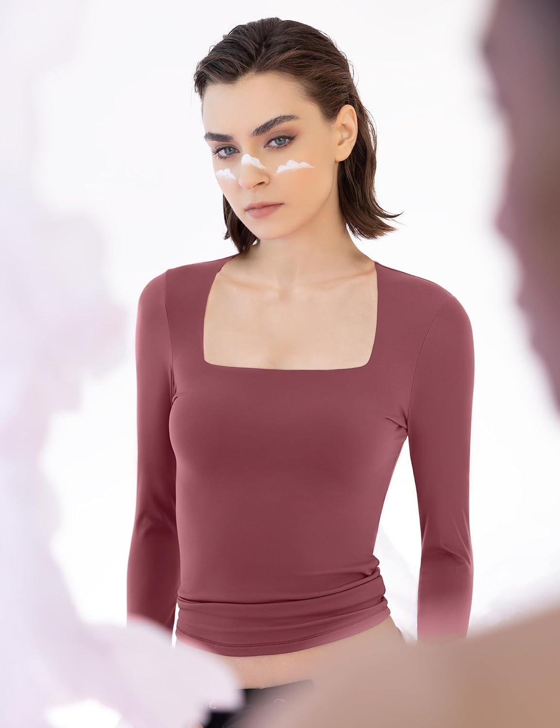 PUMIEY Women's Square Neck Long Sleeve T Shirts Slim Fit Tops Basic Tee Smoke Cloud Pro Collection image 3