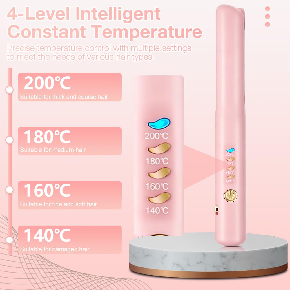 2 In 1 Mini Glätteisen Kabellos und Lockenstab, Hair Straightener, 4 Temperaturen, Wiederaufladbare Glätte, Mini Haarglätter für Langes, Kurze Haare, Glätten, Wellen, Locken Nach Innen (Rosa)