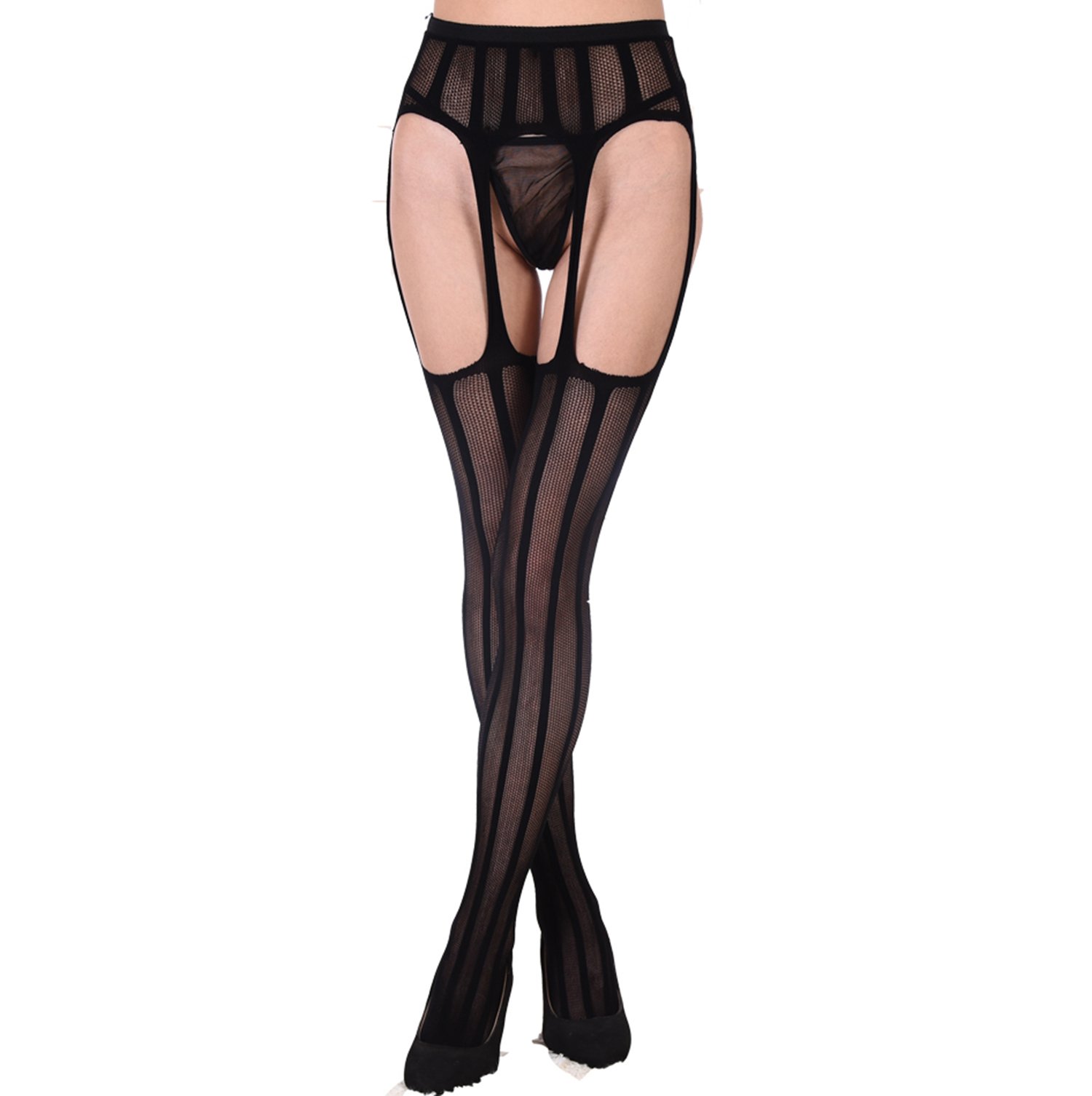 Kaariss Women's Sexy Lace Fishnet Stockings Black Suspender Pantyhose Tights