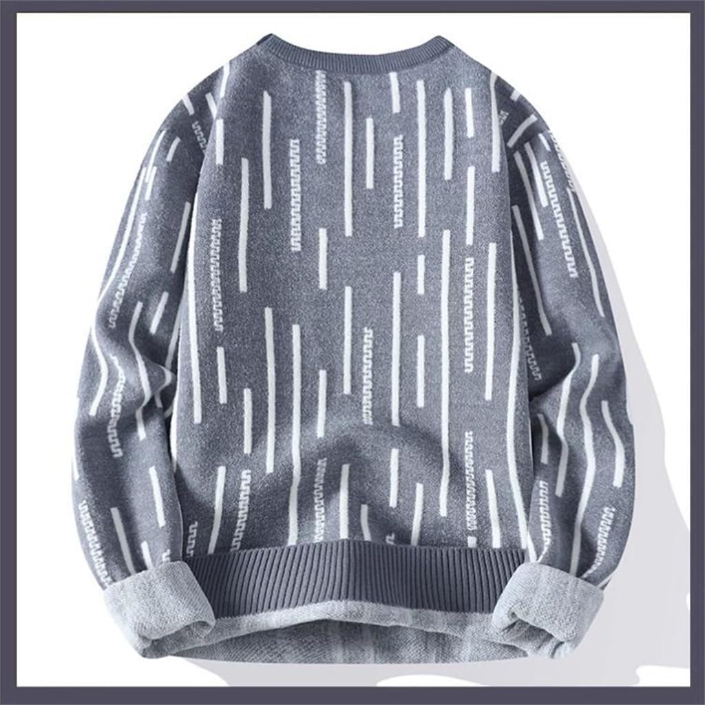 Men's Round Neck Sweater with Vertical Stripes in Autumn and Winter, paired with Loose Bottomed Knit Sweater