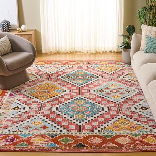 SAFAVIEH Area Rug 8x10 - Madison Collection - Large - Rust & Pink, Boho Diamond Distressed Design, Non-Shedding & Easy Cleaning, Ideal for Living Room, Bedroom, Office, Dining Space (MAD418Q)