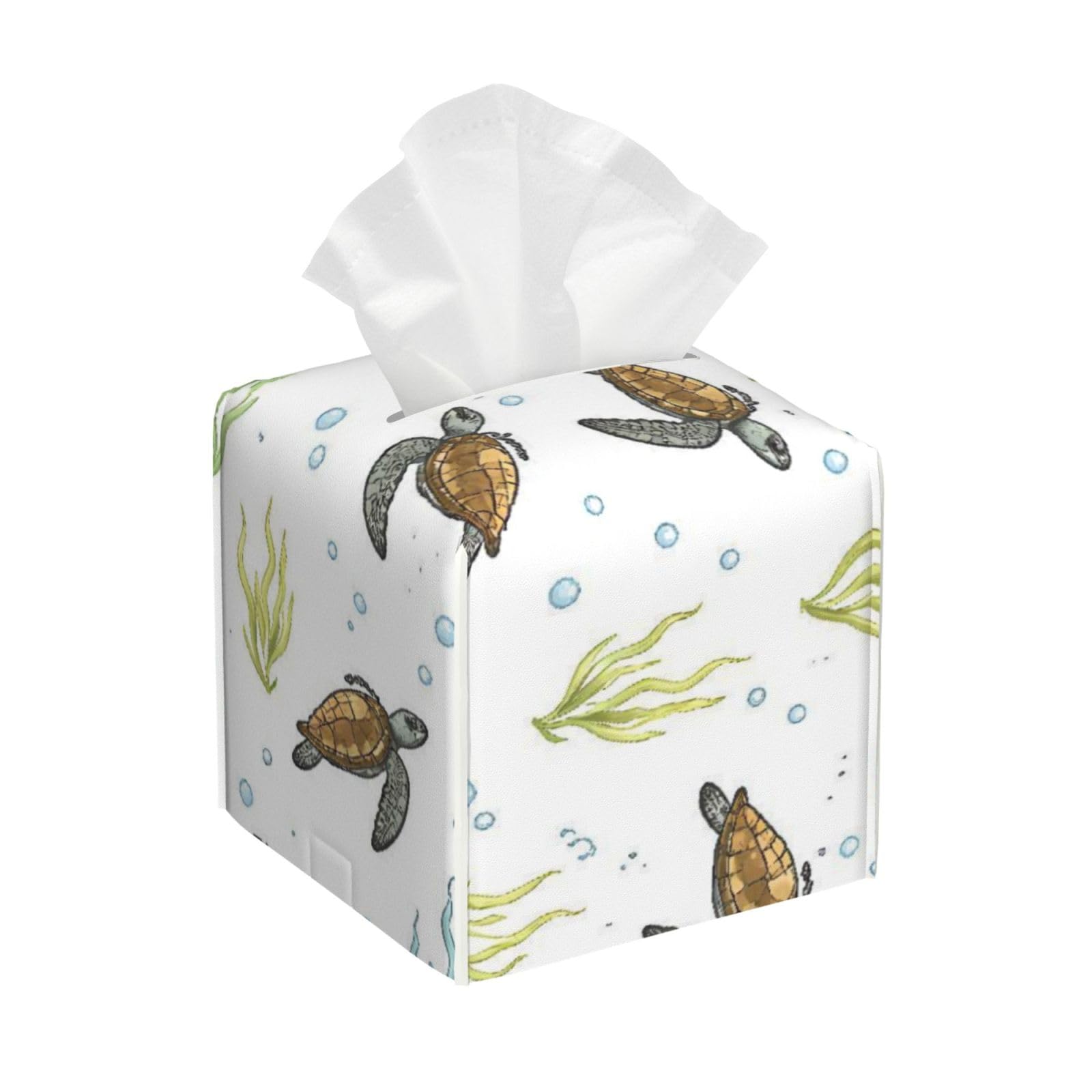 Sea Turtle Fish Leather Tissue Box Cover Holder Square Facial Paper Organizer 5.2" X 5.2" X 5.2"