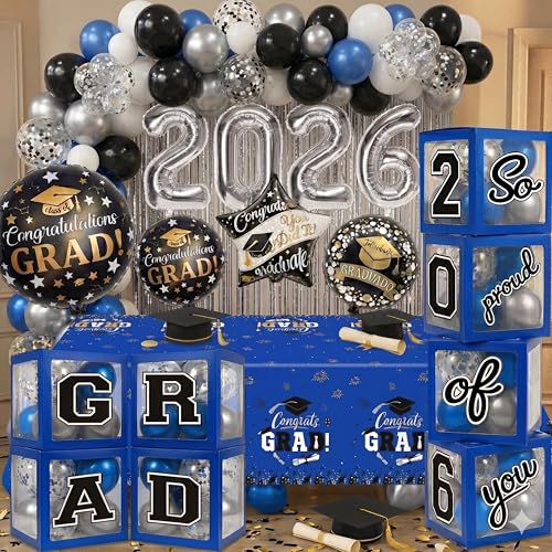 Image of Blue and Silver Graduation Decorations Class of 2026 - Graduation Balloon Boxes, Balloon Arch Garland Kit, Fringe Curtains, Party Decorations 2026 for Any Grades