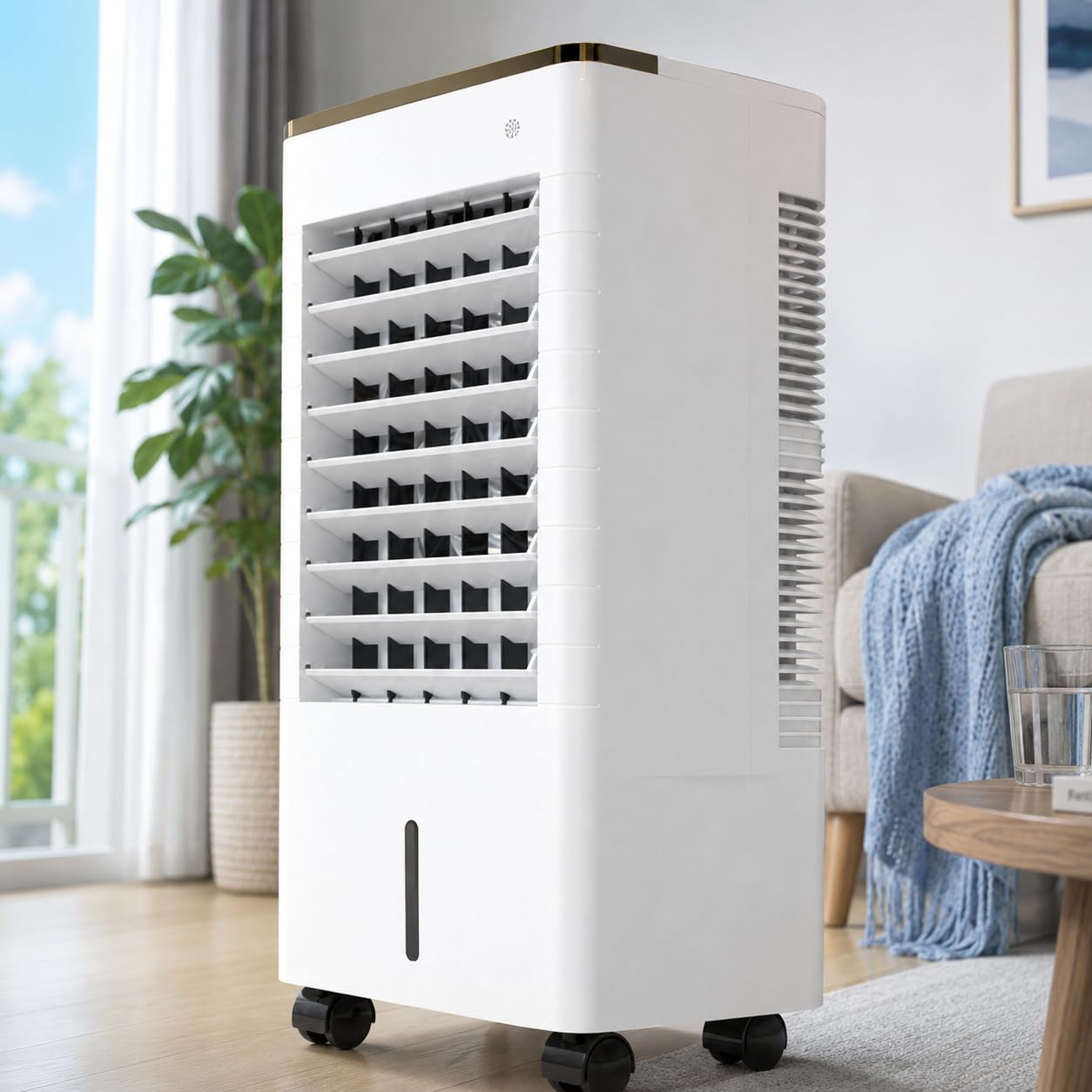 Sushangmao Portable Air Cooler, 9L Evaporative Cooler Fan with Humidifier, 4 Ice Packs, Remote, LED Touch Panel, 3 Speeds, 3 Modes, 12H Timer, Oscillation for Bedroom Office