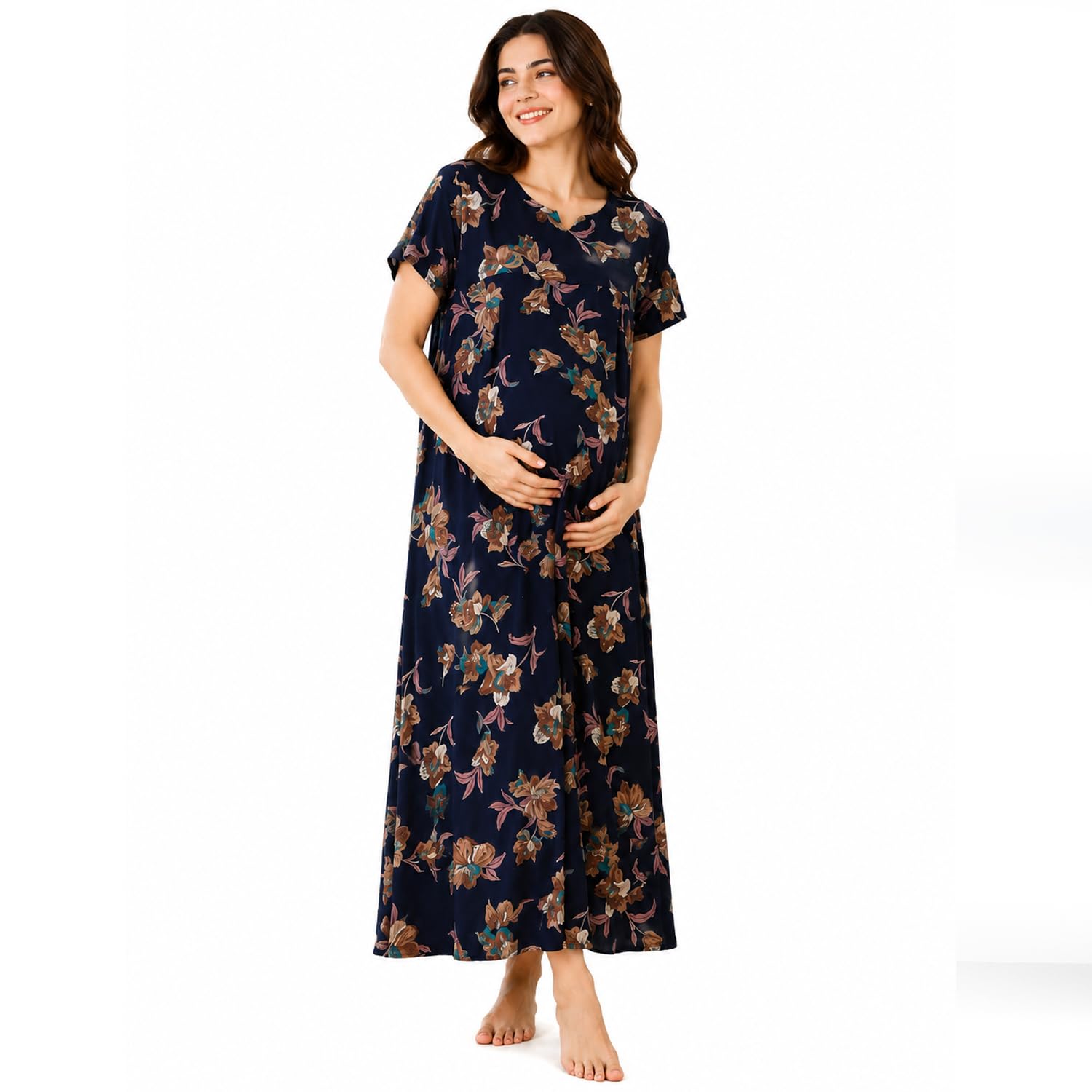 Women's Cotton Maxi Maternity Nighty/Feeding Nighty/Pregnancy Night Gown/A-Line Nursing Nighty with Zippers for Nursing Pre and Post Pregnancy-image-12