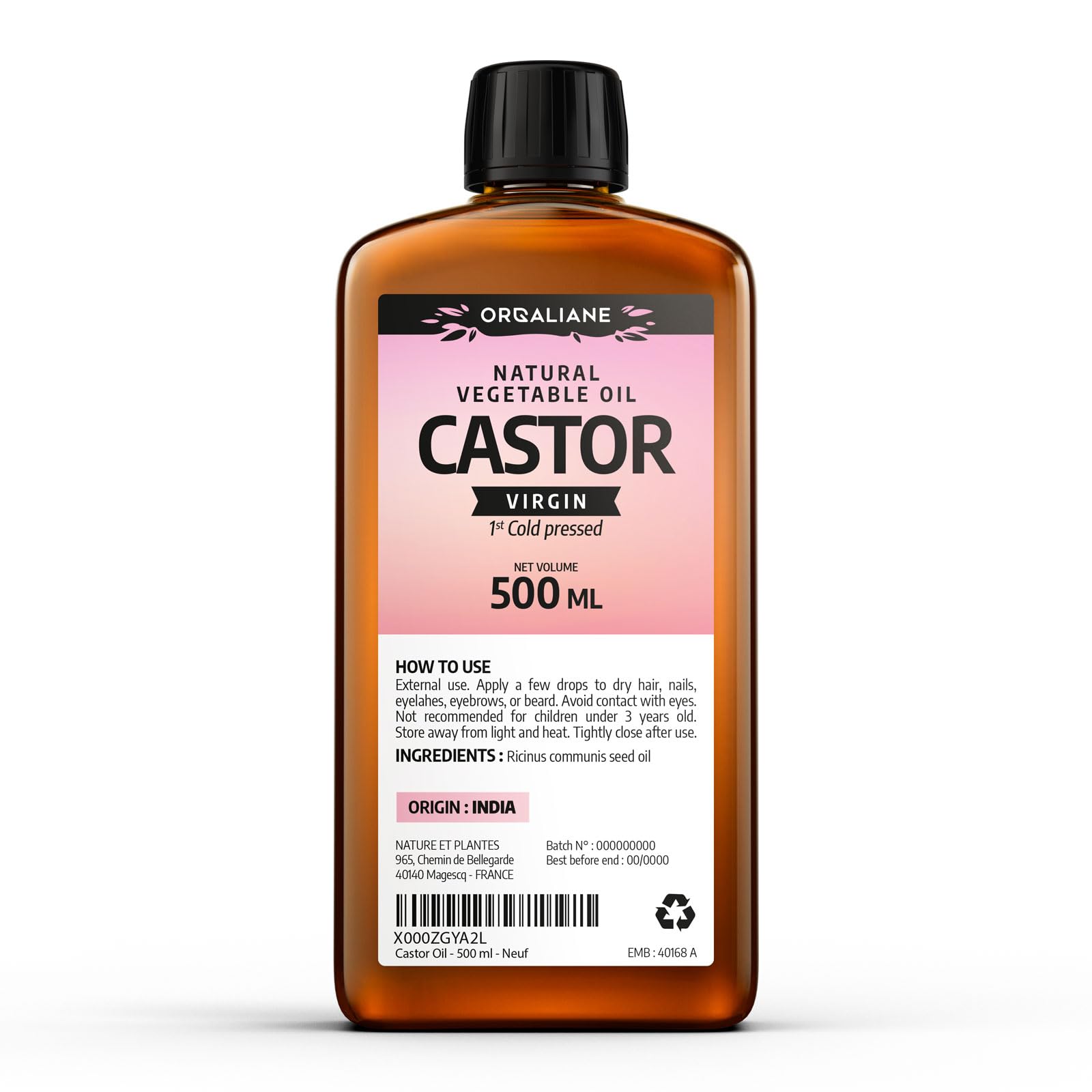Castor Oil - 100% Virgin 500 ml - 1 st Cold pressed - Orgaliane, Yellow, 500 ml (Pack of 1)