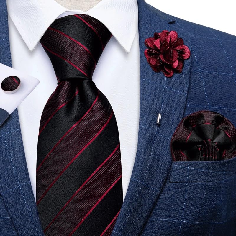 Set de corbata para hombre con pañuelo y gemelos rayados miniatura 2