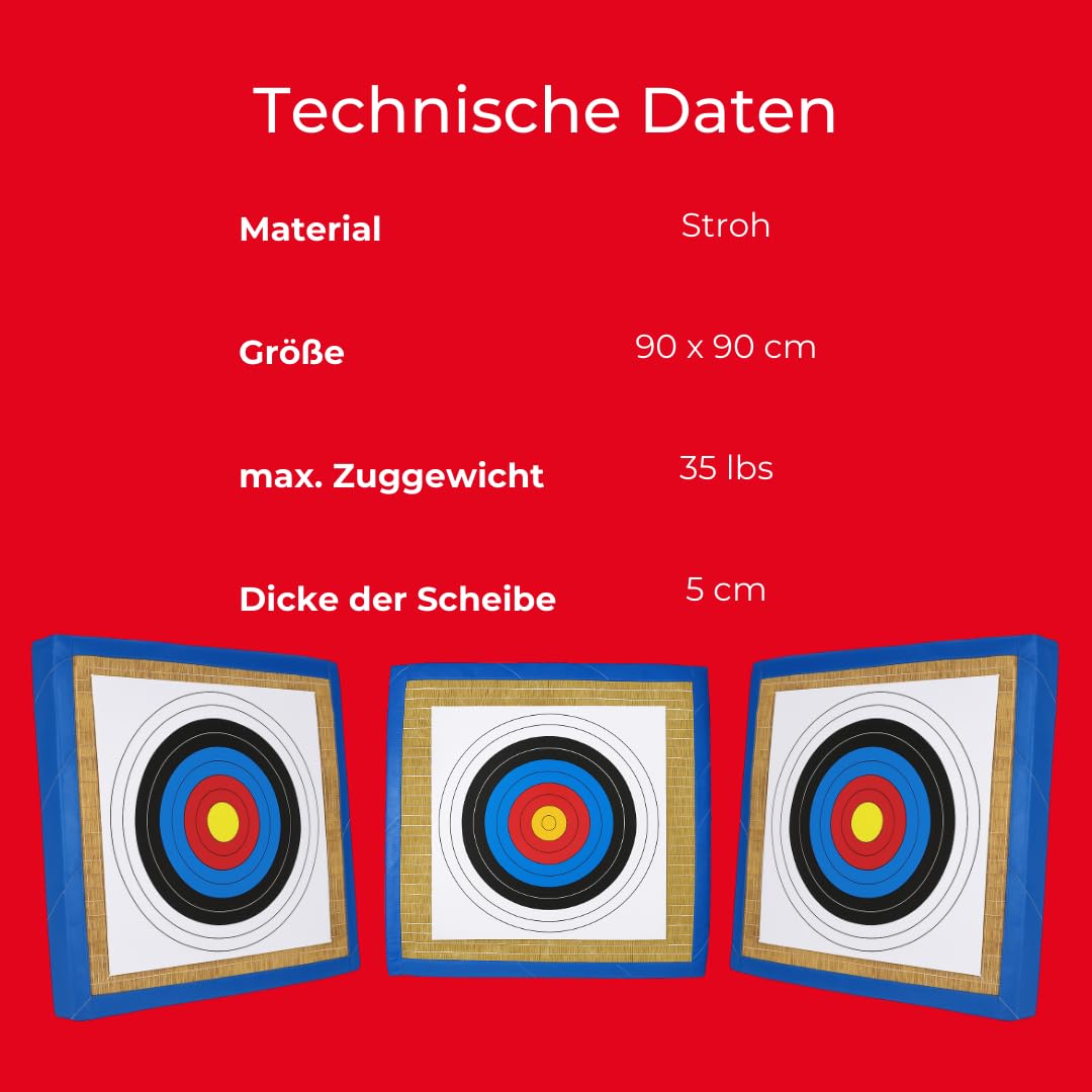 Zielscheibenmatte aus Stroh 90x90 cm | wetterfeste Bogensport Zielscheibe inkl. 3 FITA Zielauflagen, Pfeilfangmatte Schießscheibe für Recurve & Freizeitbogen