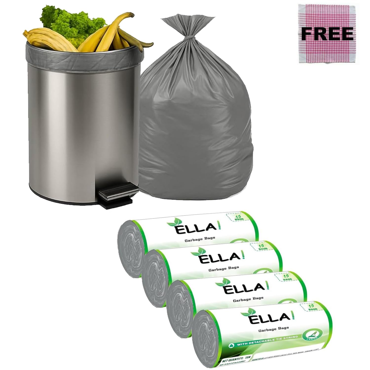 ELLA Grey Garbage Bags 24 x 32 Inches 4 Rolls 60 Bags Large Size Tear Resistant Trash Covers for Daily Cleaning in Homes Kitchens Offices and Public Places With Check Duster Cloth Free
