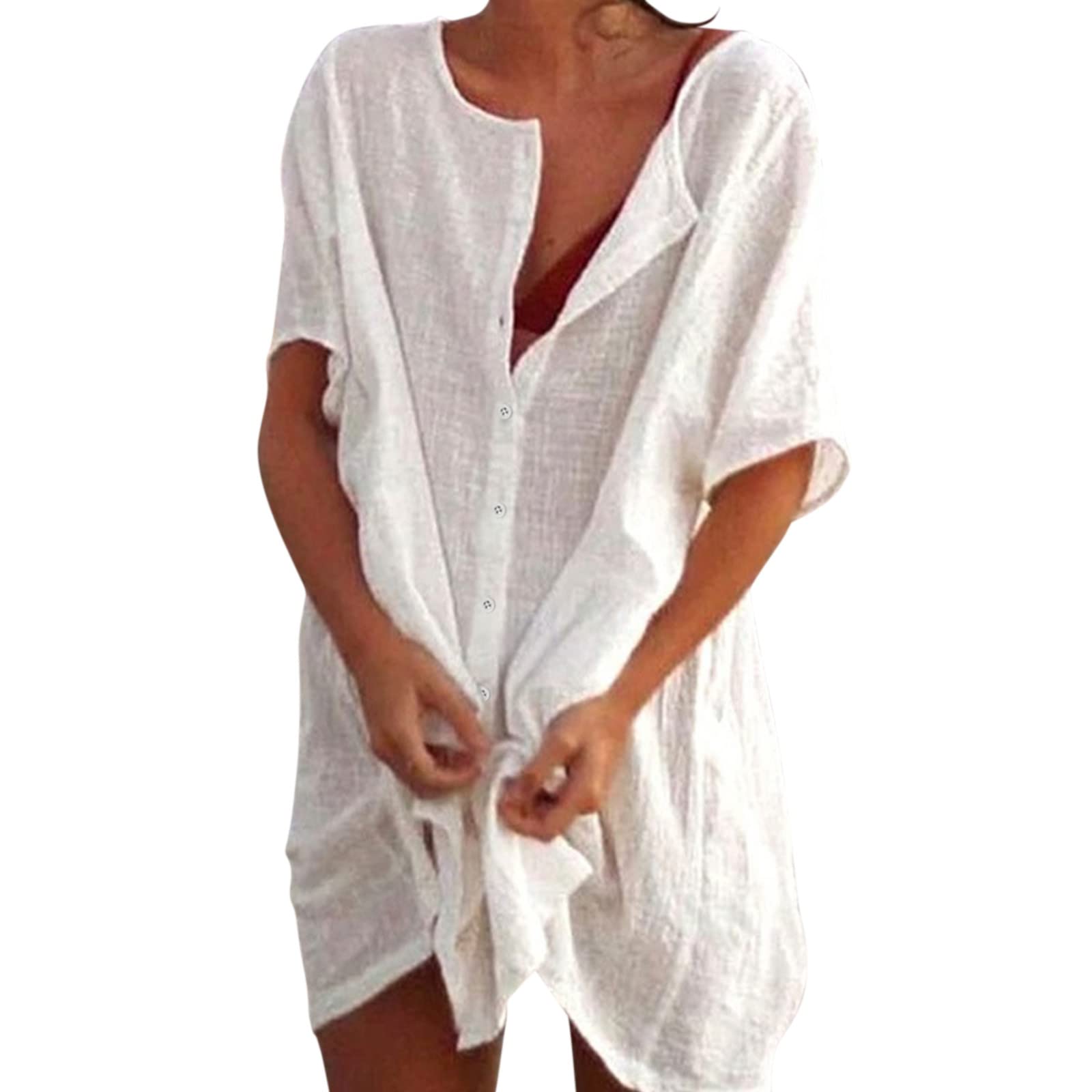 Women's Beach Cover Up Kaftans Swimsuit Coverup Long Beachwear Beach Dress with Buttons Linen Tops Shirt Dresses Bikini Sarong Loose Blouse Oversized for Women Swimming Dresses for Women UK-picture-38