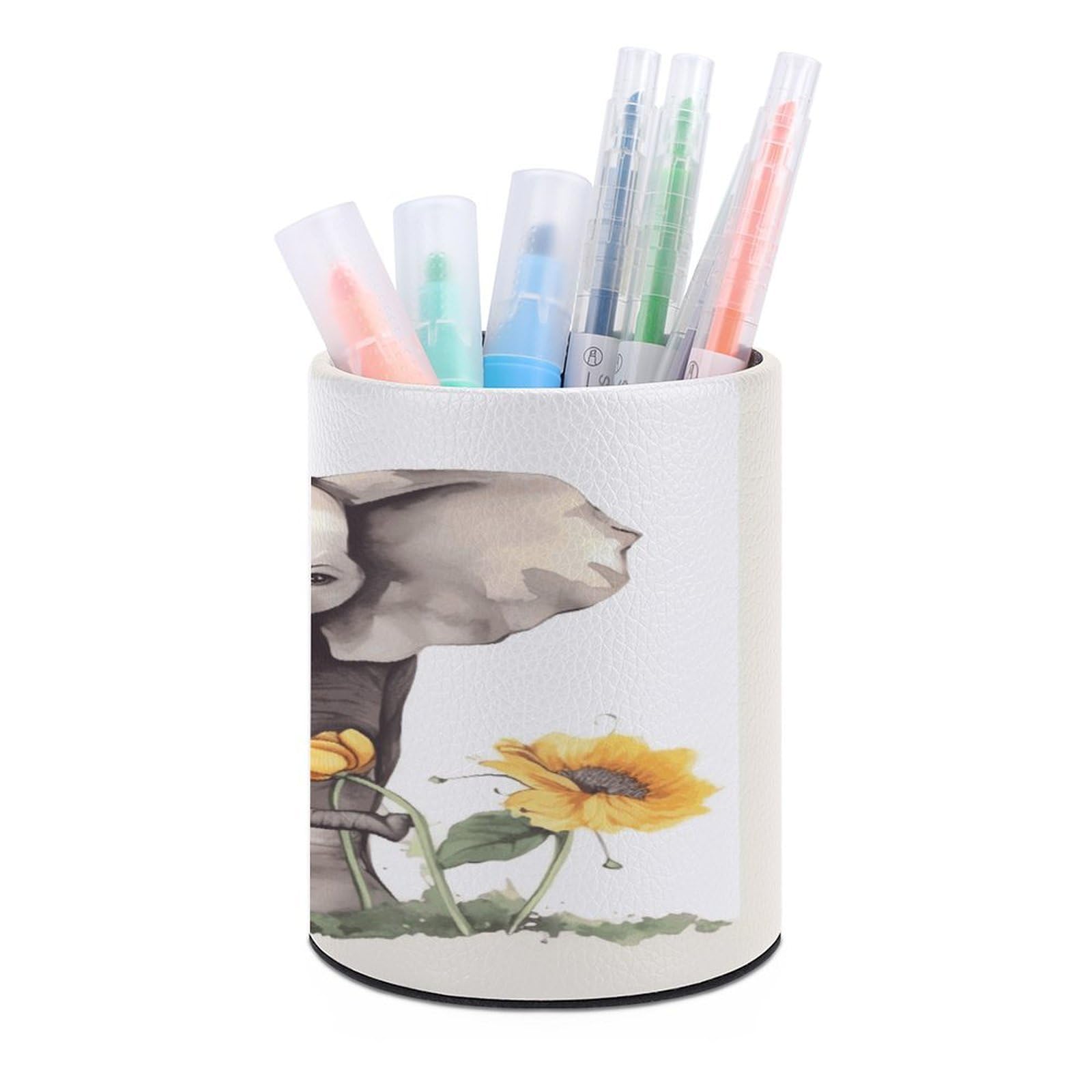 FekiLoot Elephant And Sunflower Pen Holder Cup Fashion PU Leather Pencil Cup Minimalist Pen Organizer Round Pencil Holder Stand Work Locker Accessories for Decoration Desk Office Home