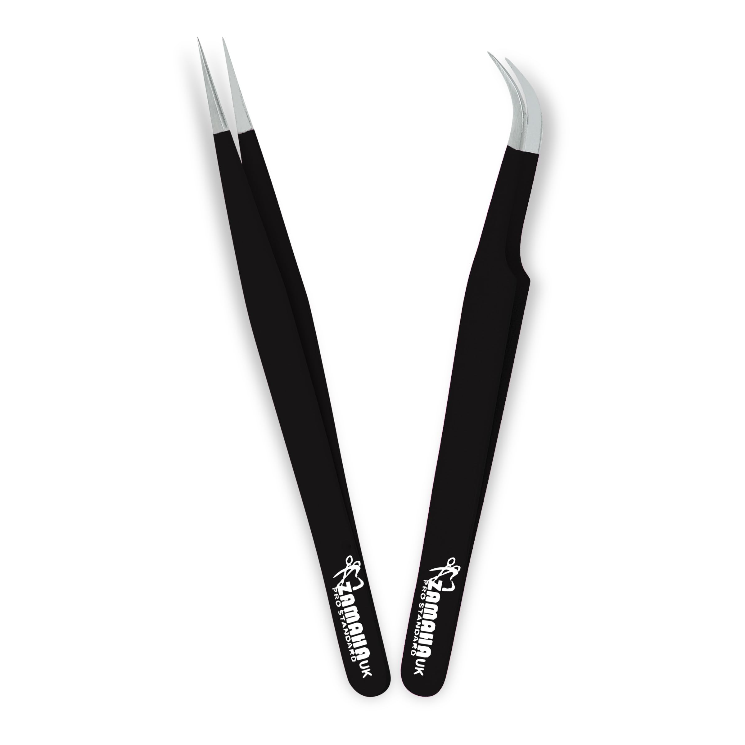 ZAMAHA UK Lash Eyelash Extension Tweezers, Japanese Stainless Steel Tools Boot Shape Curved 3D 4D 6D Angled Tip, Volume Tweezers Precision (Black) ZUK-LT-2PCS-PBP1