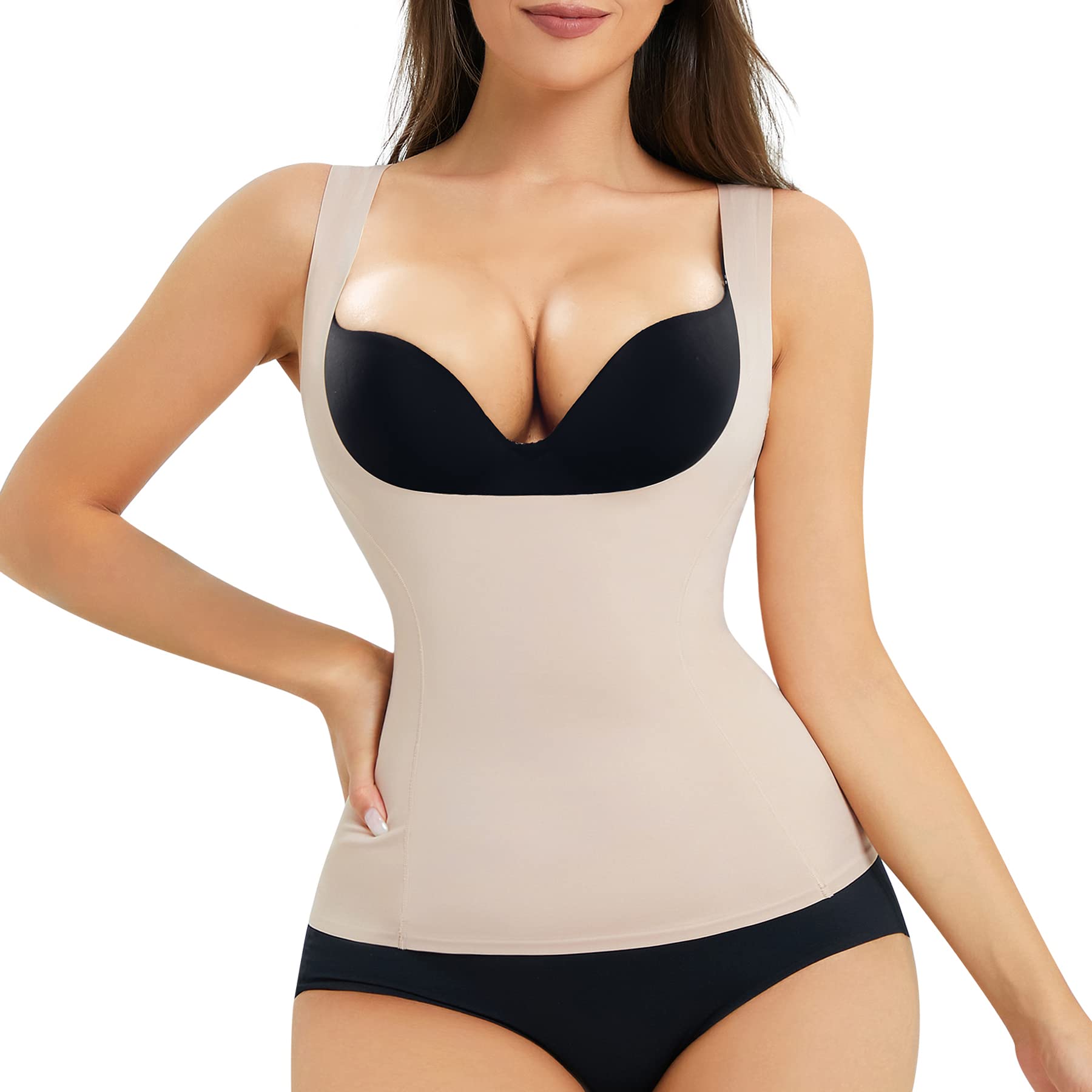 Femme Débardeur Gainant Ventre Plat Camisole Top Minceur Hauts Col Carré T-Shirt Amincissant sans Manches