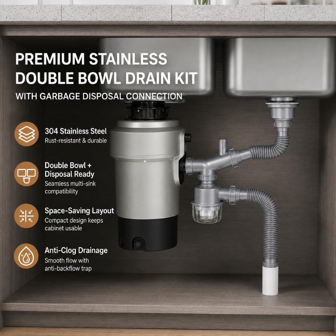 Kit Scarico Lavello per InSinkErator Model 45, Tubo Doppia Vasca