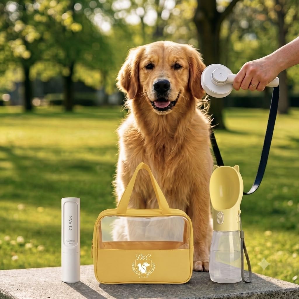 Luxury 5-Piece All-in-One Pet Travel and Walking Accessories Kit - Professional Self - Cleaning Brush, 2-in-1 Water Bottle, Hair Remover, and Holder with Operational Sample Bag Rolls for Dogs & Cats