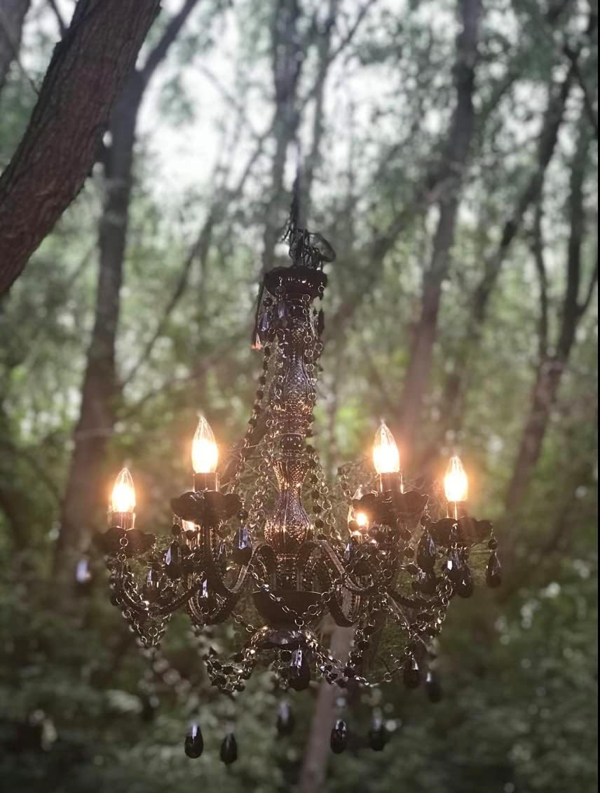 gypsy color The Original Brink House Plug-in 6 Light Black Hanging Swag Chandelier H26”xW22”, Black Metal Frame, Glass Stem and Acrylic Crystals