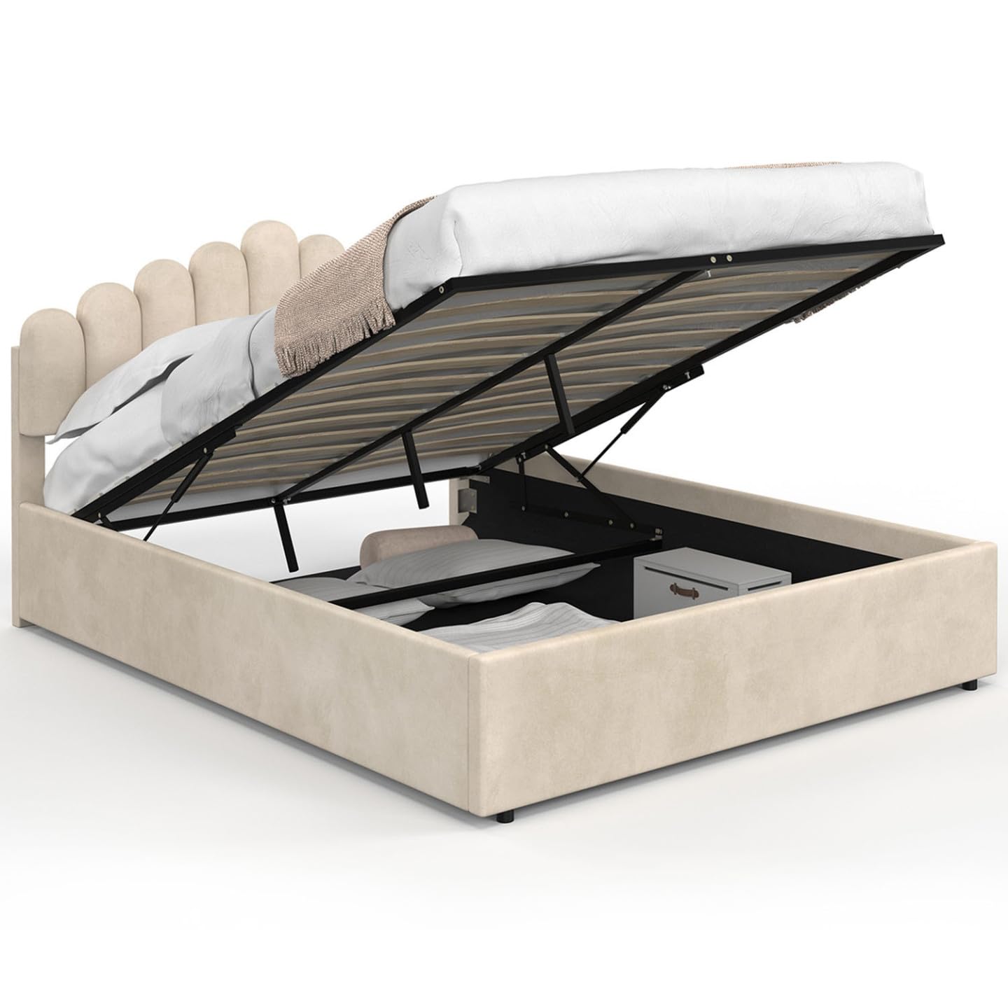 IDMarket - Lit Coffre Double NOELIE avec tête de lit et sommier 140 x 190 cm Velours Beige