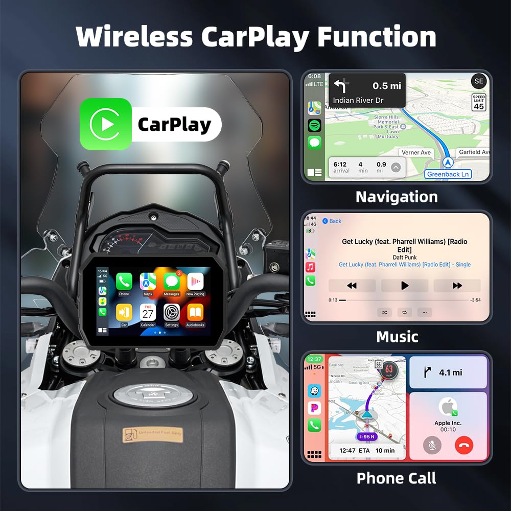 Bezprzewodowy odbiornik samochodowy CarPlay i Android do motocykla, ekran dotykowy IPS 800 nitów, IP67, wodoodporny ekran dotykowy, BT 5.0, obsługuje mapy / muzykę za pośrednictwem smartfona