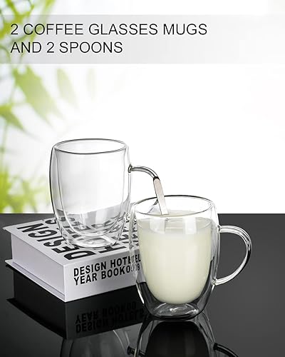 Miniatura 4 de LIBWYS Paquete de 2 tazas de café de doble pared, tazas de 12 onzas, tazas de té de café con leche, capuchino con asa, resistentes al calor, vasos
