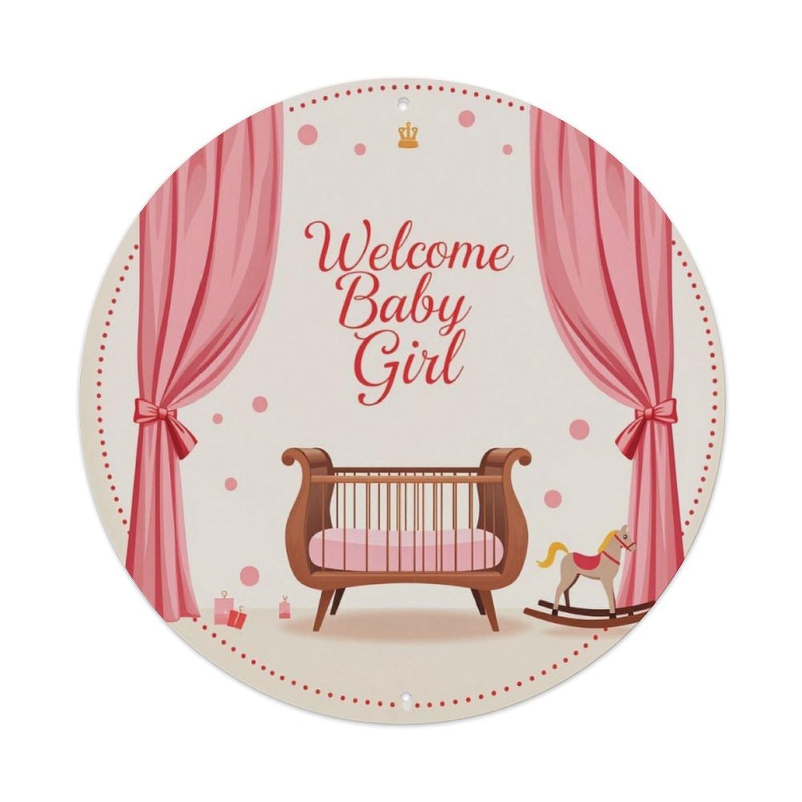 Pink Baby Girl Nursery Welcome Round Decor Sign Vintage Aluminium Metal Sign, Retro Wall Decor for Home, Bar, Garage & Farmhouse 20x20cm